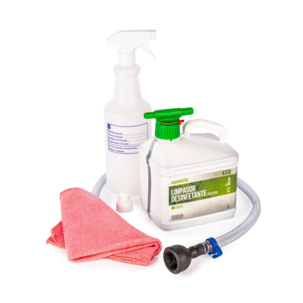 Produtos disponíveis no kit especial para a limpeza de superfícies no banheiro.