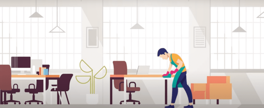 limpeza em escritorios em forma de desenho, com um homem de avental limpando a mesa, para representar a importância da higiene nesses ambientes após a covid-19